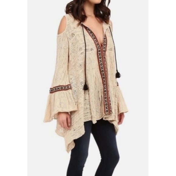 Free People Beige Crochet Cold Shoulder Bell Slv Asymmetrical Tunic Mini Dress - Picture 14 of 16